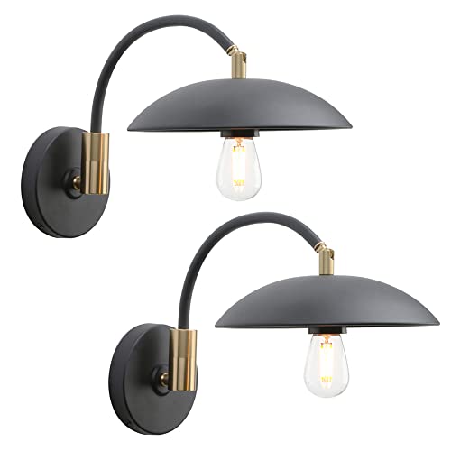 2 Pack Adjustable Industrial Swing Arm Wall Lamp Hardwired with Metal Base (Matte Black)