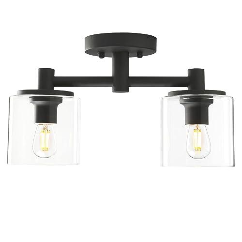 Pathson 2-Light Semi Flush Mount Ceiling Light, Industrial Pendant Lighting Fixture with Glass Shade, Ceiling Chandelier Lamp for Hallway Loft Kitchen Bar