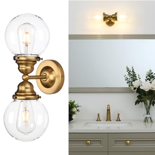 Pathson 2 Lights Globe Wall Sconces Brass Finish, Industrial Glass Bathroom Vanity Light Fixtures, Vintage Wall Lamp Sconce for Living Room Kitchen Sink Dining Room