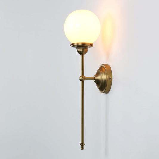 Milky White Glass Globe Shade with Long Arm Antique Brass Wall Light
