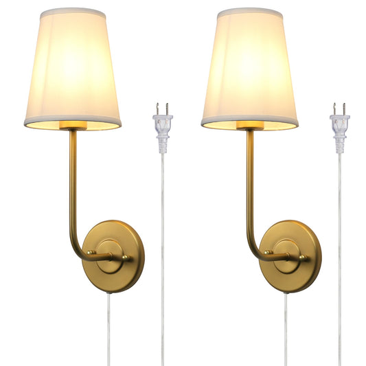 Set of 2 Plug in Wall Sconces, Pure White Fabric Lampshade, Antique Brass Wall Lamps