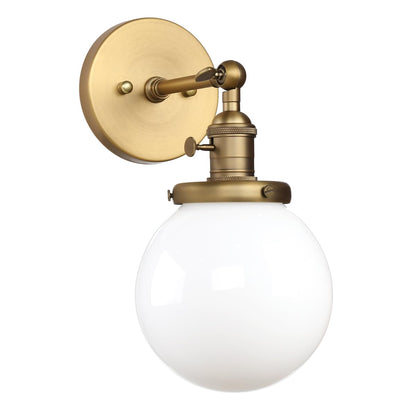 Industrial Wall Sconce with White Globe, Brass Bathroom Vanity Light