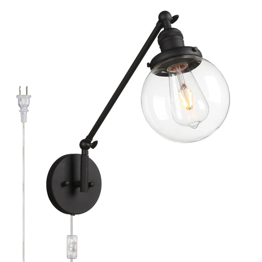 5.9" Glass Globe Shade Industrial Wall Sconce Swing Arm Wall Lamp