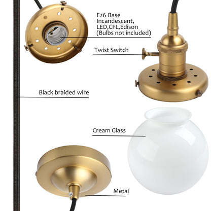 Milk White Globe Pendant Light with Switch, Vintage Pendant Lighting Lamp
