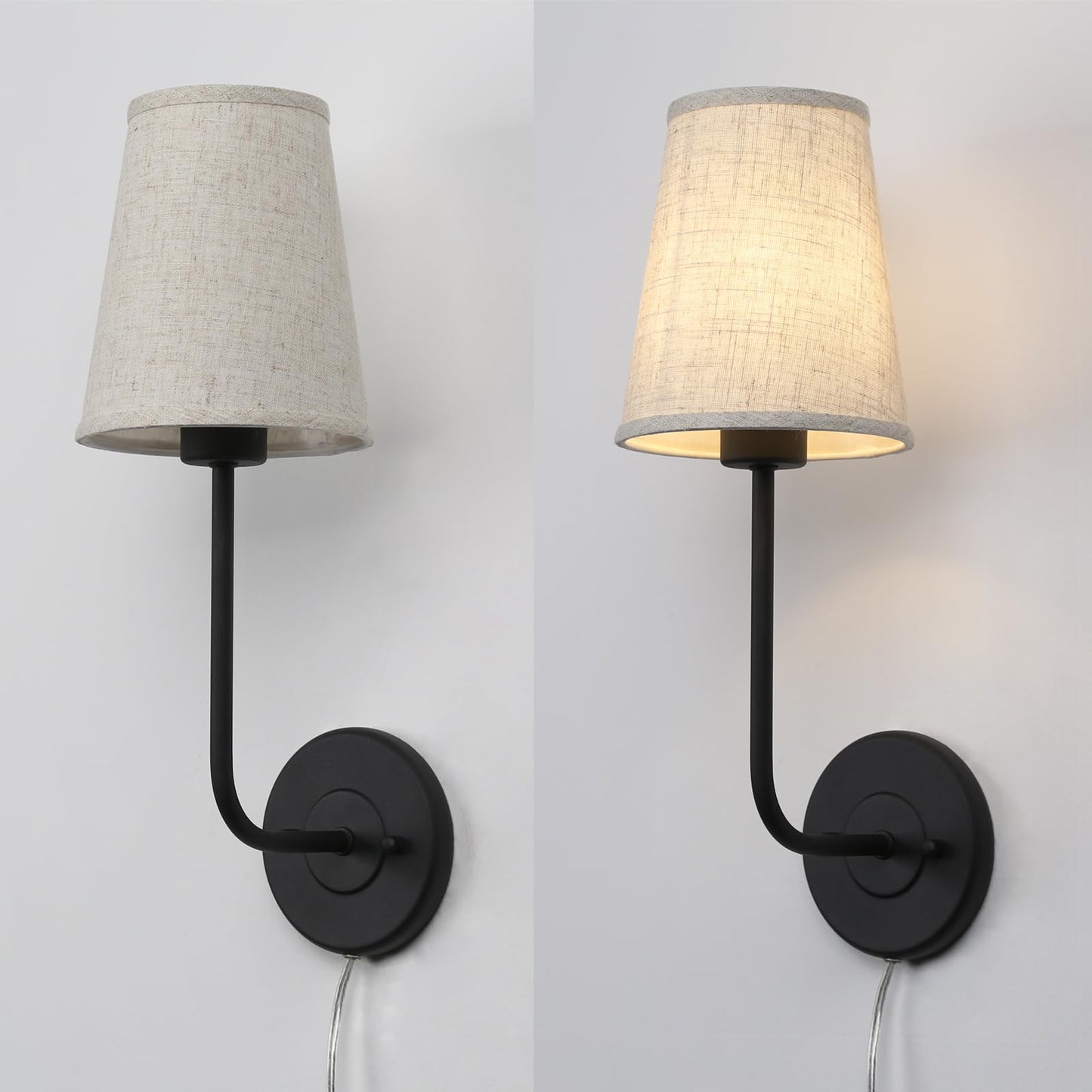Set of 2 Plug In Fabric Wall Sconce Linen Cloth Shade Vintage Wall Light