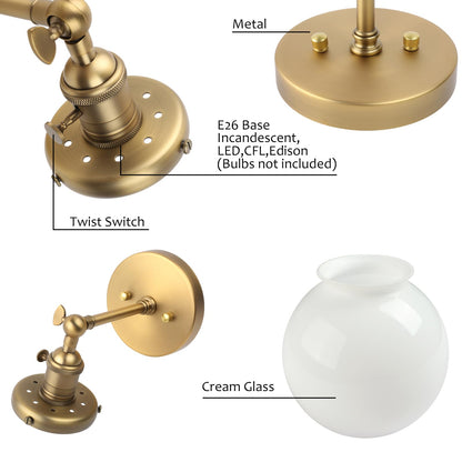 Industrial Wall Sconce with White Globe, Brass Bathroom Vanity Light