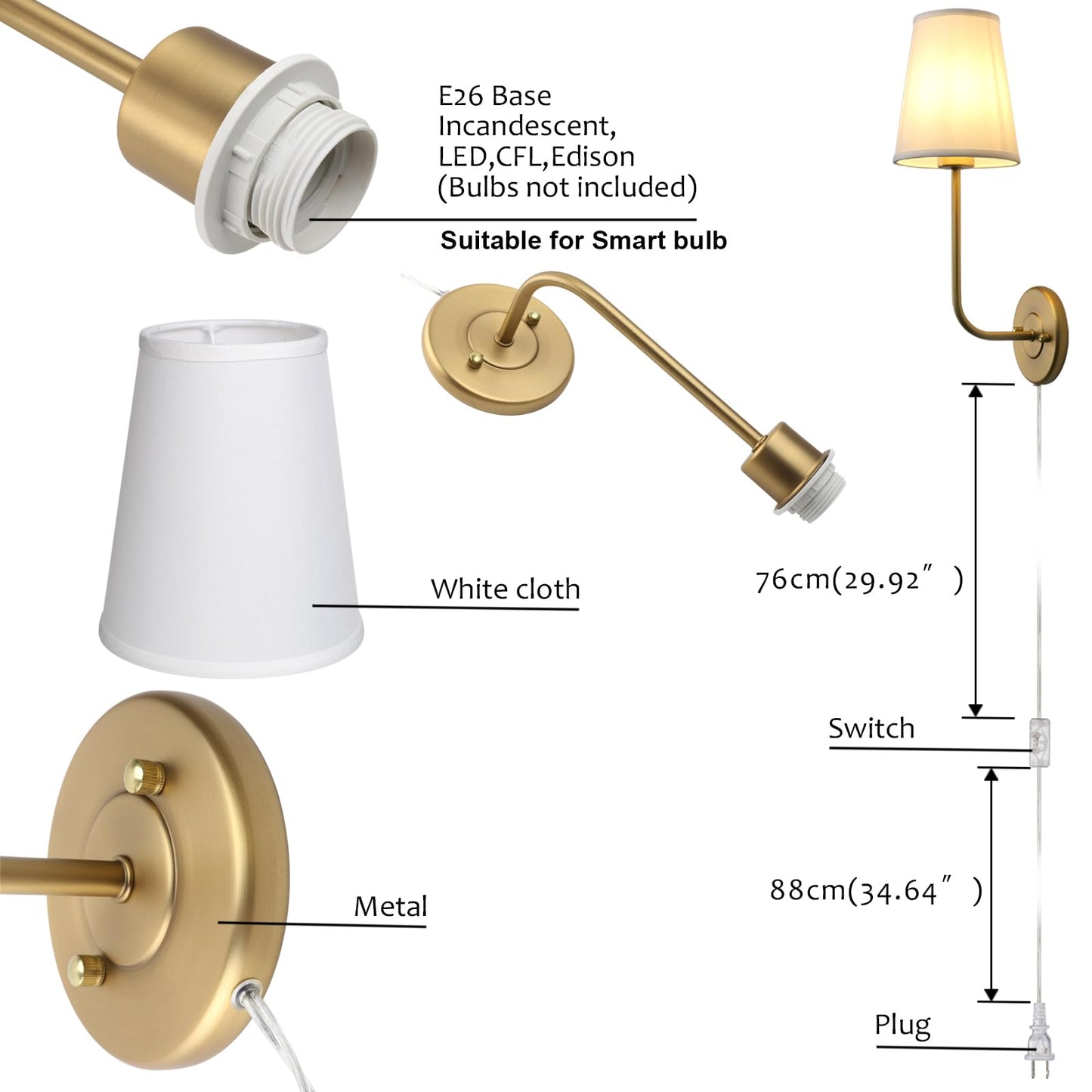 Set of 2 Plug in Wall Sconces, Pure White Fabric Lampshade, Antique Brass Wall Lamps
