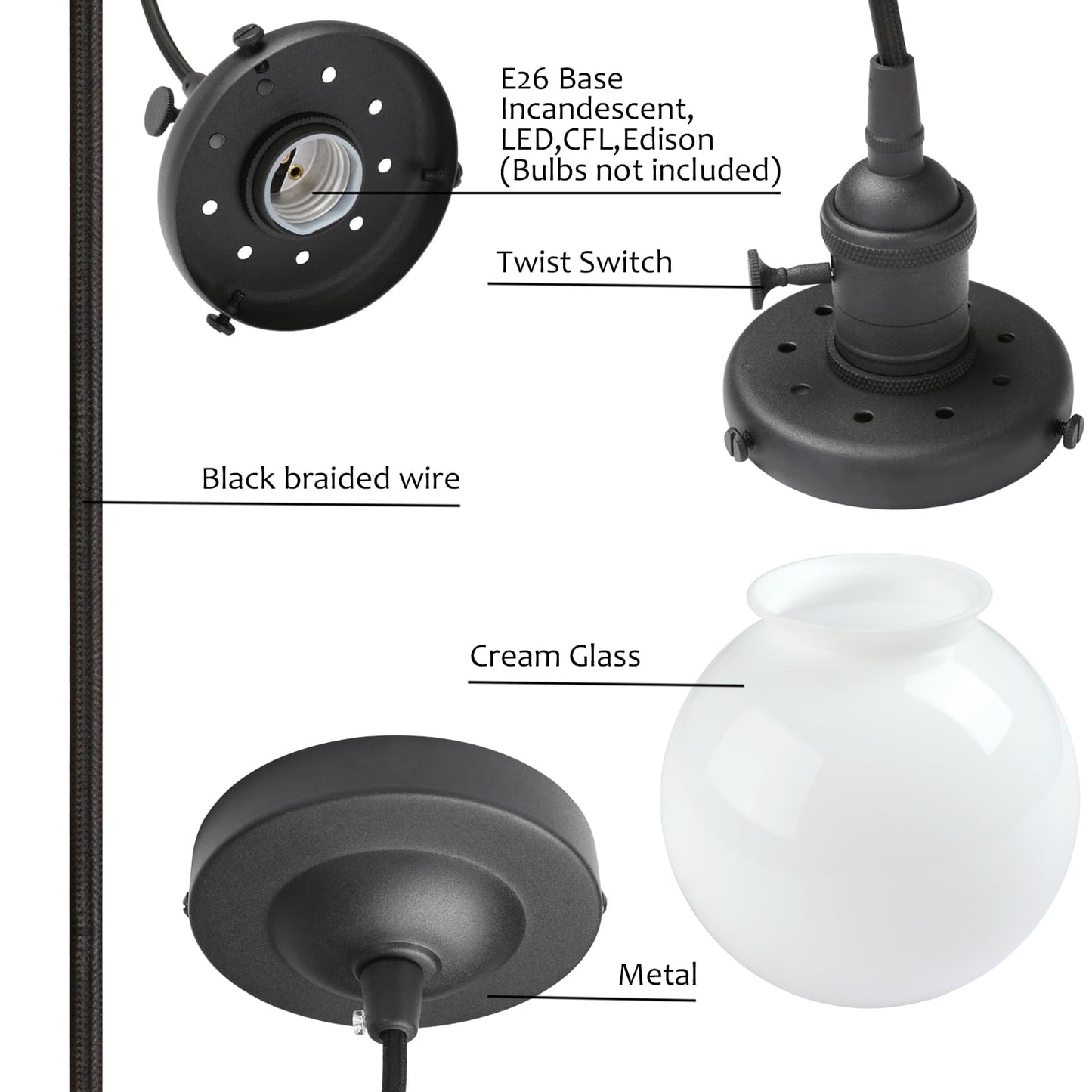 Milk White Globe Pendant Light with Switch, Vintage Pendant Lighting Lamp