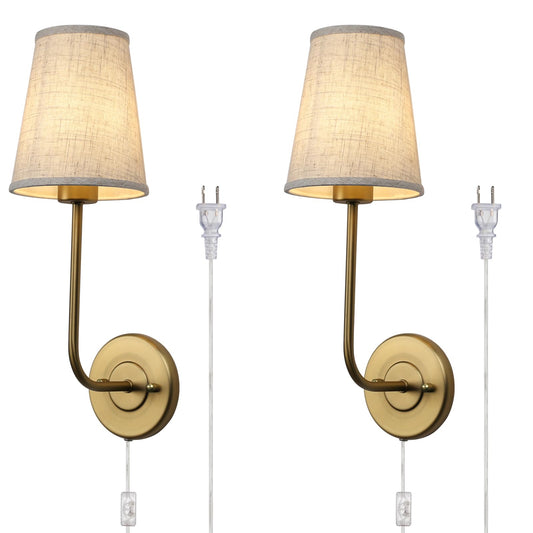 Set of 2 Plug In Fabric Wall Sconce Linen Cloth Shade Vintage Wall Light Fixture