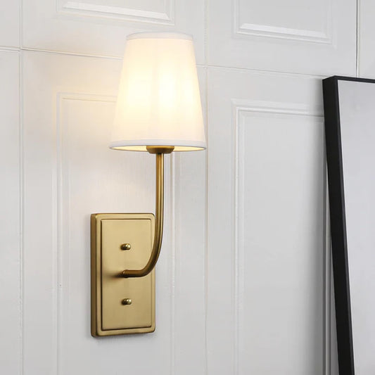 Vintage Brass Wall Sconce 1-Light with White Fabric Shade