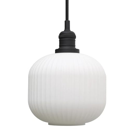 Modern Milk White Pendant Light Striped Round Glass, Brushed Gold Brass Hanging Lamp with Adjustable Textile Cord Decor