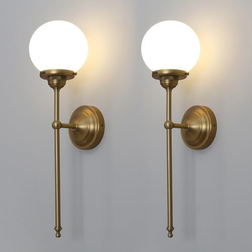 2-Pack Indoor Wall Sconce, Vintage Industrial Single Fixture Lights Hardwired with Milk Round Globe Glass Shade Lamp