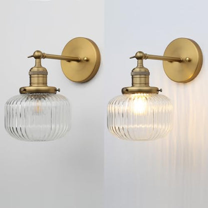 Industrial Vintage Wall Sconce 1-Light with Clear Striped Glass Globe Shade Indoor Wall Mounted Lamp Fixture (Antique)