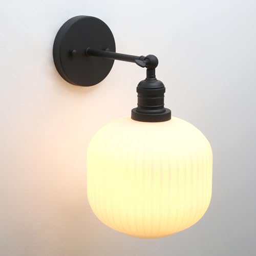 Modern Wall Sconce Lamp Milk White Round Glass, Hardwired Frosted Vintage Wall Vanity Light Fixture