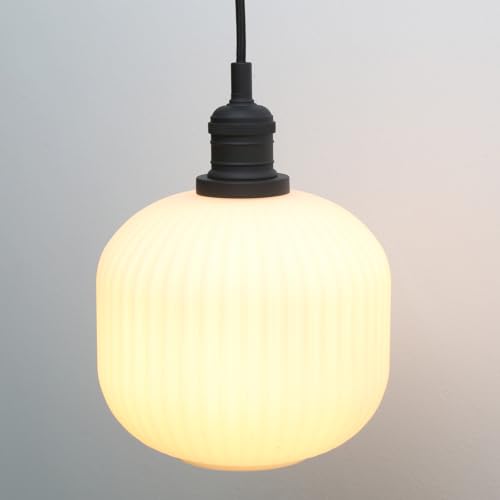 Modern Milk White Pendant Light Striped Round Glass, Brushed Gold Brass Hanging Lamp with Adjustable Textile Cord Decor