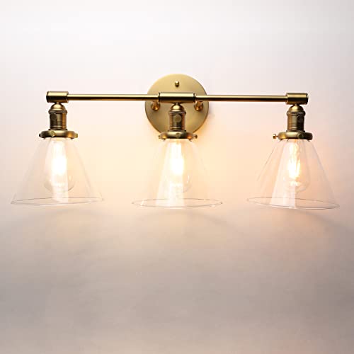 3 Light Sconce Wall Mount Bathroom Light Fixture with 7.3 Inches Cone Clear Glass Canopy