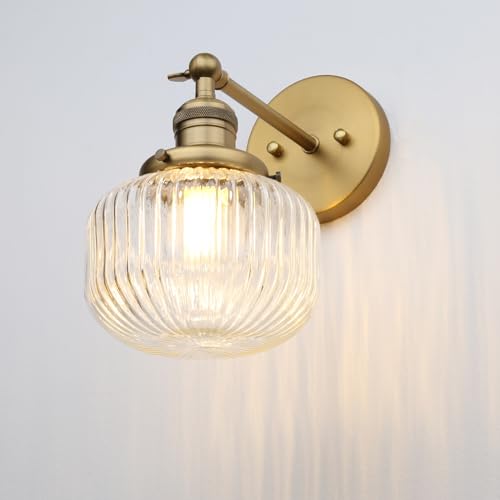 Industrial Vintage Wall Sconce 1-Light with Clear Striped Glass Globe Shade Indoor Wall Mounted Lamp Fixture (Antique)