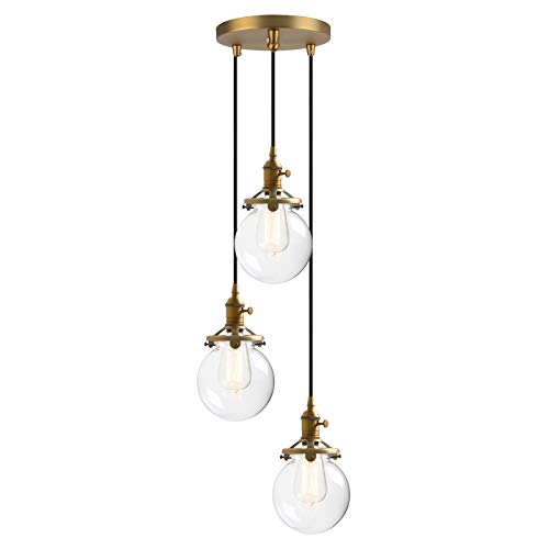 3-Light Cluster Pendant Light, Antique Brass Chandelier with 5.9" Globe Glass Shade