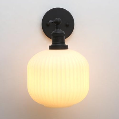 Modern Wall Sconce Lamp Milk White Round Glass, Hardwired Frosted Vintage Wall Vanity Light Fixture