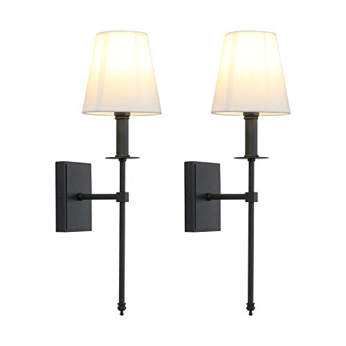 2 Set of Classic Rustic Industrial Wall Sconce Lighting Fixture with Flared White Textile Lamp Shade (Black)