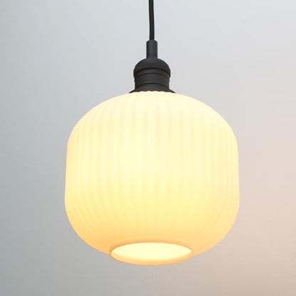 Modern Milk White Pendant Light Striped Round Glass, Brushed Gold Brass Hanging Lamp with Adjustable Textile Cord Decor