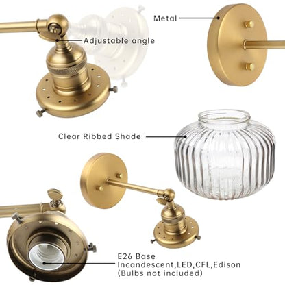 1-Light Industrial Vintage Wall Sconce with Clear Striped Glass Globe Shade