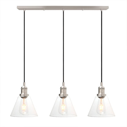 Industrial 3-Light Pendant Light, Adjustable with Clear Glass Shade