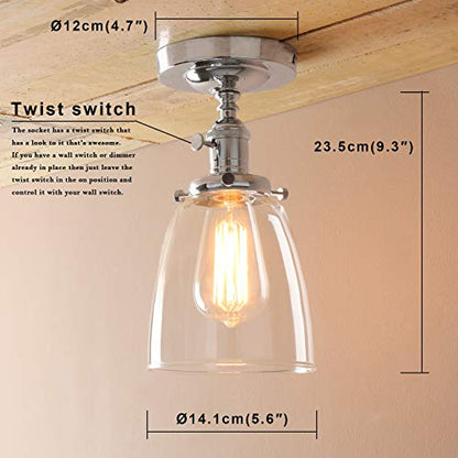 Industrial Vintage Edison Pendant Light Clear Glass Shade Flush Mount Fixture Chandelier