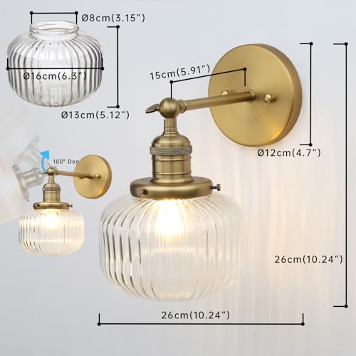 Industrial Vintage Wall Sconce 1-Light with Clear Striped Glass Globe Shade Indoor Wall Mounted Lamp Fixture (Antique)