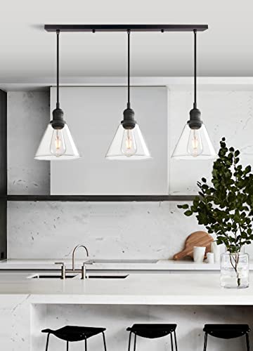 Industrial 3-Light Pendant Light, Adjustable with Clear Glass Shade