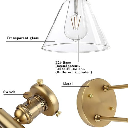 3 Light Sconce Wall Mount Bathroom Light Fixture with 7.3 Inches Cone Clear Glass Canopy