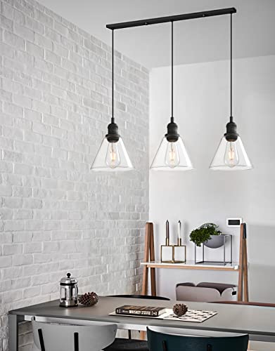 Industrial 3-Light Pendant Light, Adjustable with Clear Glass Shade