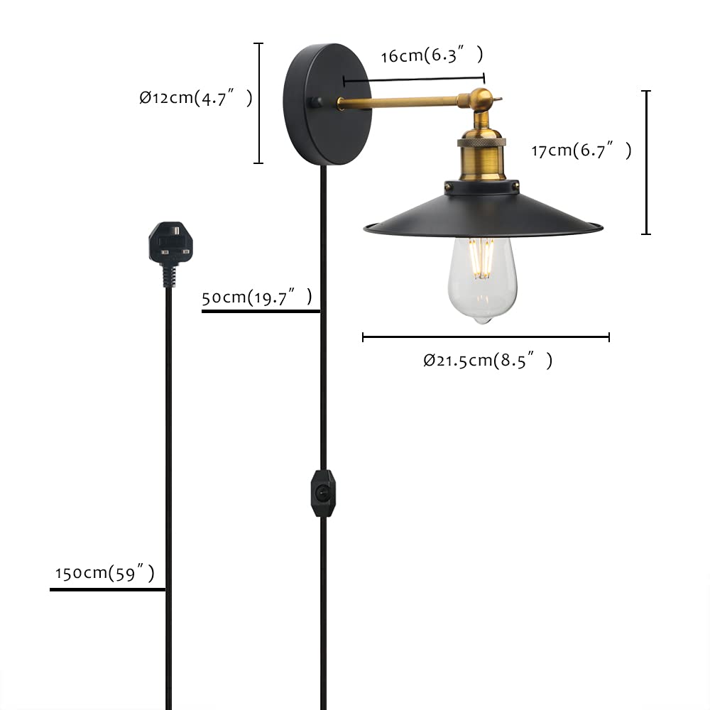 Vintage Industrial Black Plug-in Wall Sconces,Adjustable Bathroom Vanity Lights with Dimmable Switch,Swing Arm