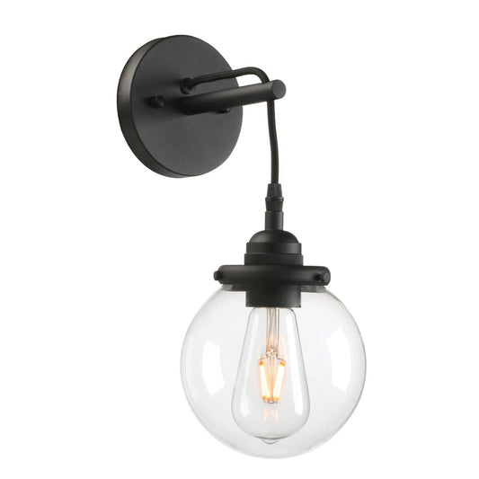 Hanging Wire Wall Lamp Retro Industrial Wall Light Modern Wall Sconce with 15cm Diameter Globe Clear Glass Shade (Black)