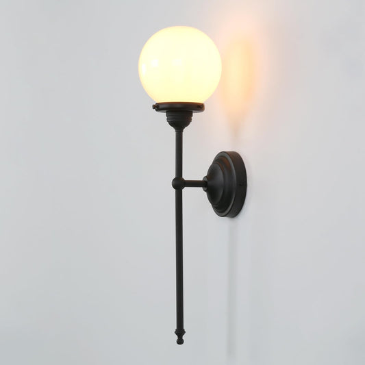 Milky White Glass Globe Shade with Long Arm Antique Brass Wall Light (Black)