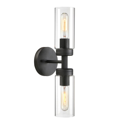 Rustic Industrial Wall Sconce Light with Tubular Clear Glass Lampshade (Matte Black)