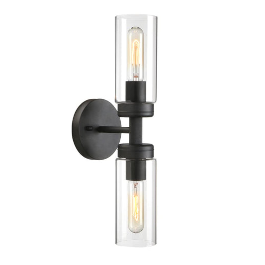 Rustic Industrial Wall Sconce Light with Tubular Clear Glass Lampshade (2-Light Sconce)