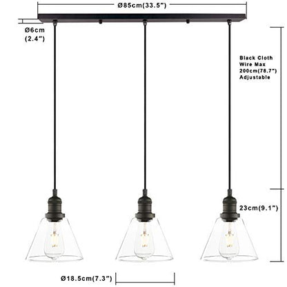 Industrial 3-Light Pendant Light, Adjustable with Clear Glass Shade