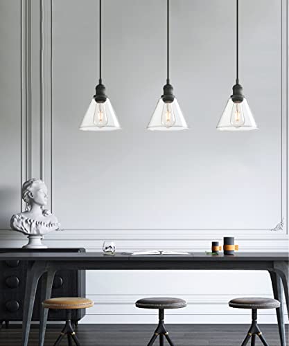 Industrial 3-Light Pendant Light, Adjustable with Clear Glass Shade