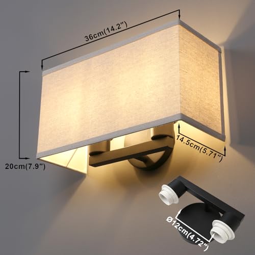 2-Light Dual Vintage Industrial Hardwired Sconces Wall Lighting Square Textile Shade