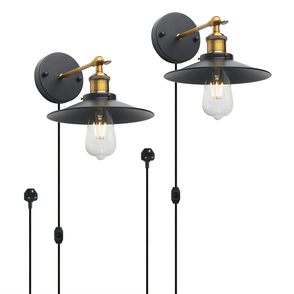 Vintage Industrial Black Plug-in Wall Sconces,Adjustable Bathroom Vanity Lights with Dimmable Switch,Swing Arm