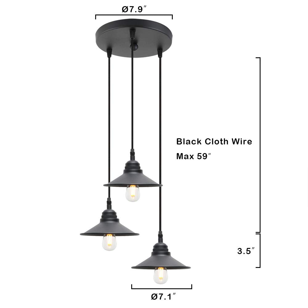 Retro 3 Lights Pendant Light Matte Black Ceiling Mount Lighting Fixture with 7.1 Inches Metal Light Shade