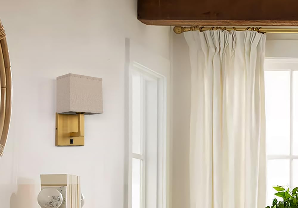 Linen Fabric Wall Sconce,Bedside Vanity Brass Modern Retro Vintage Industrial with Square Shade