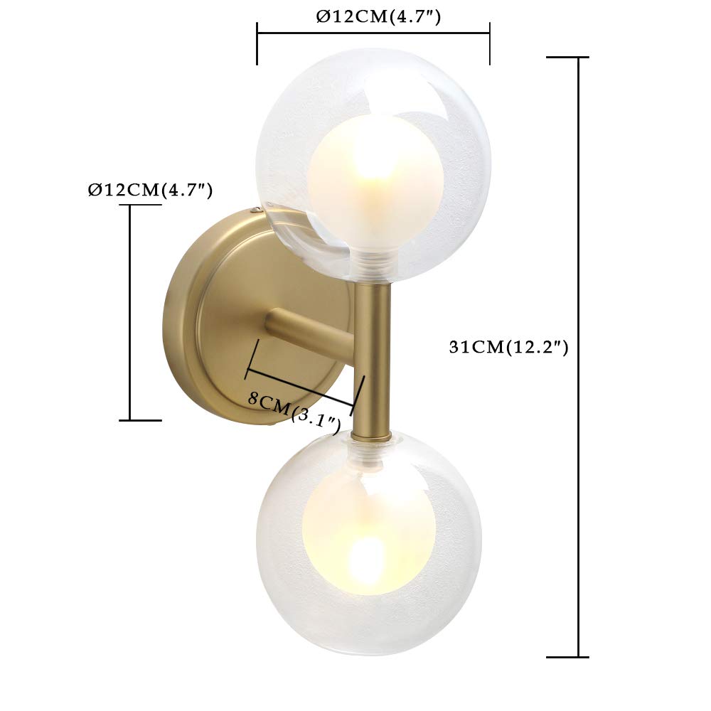 Retro Industrial Wall Light,Straight Pole Transparent 12cm Small Globe Glass Lampshade