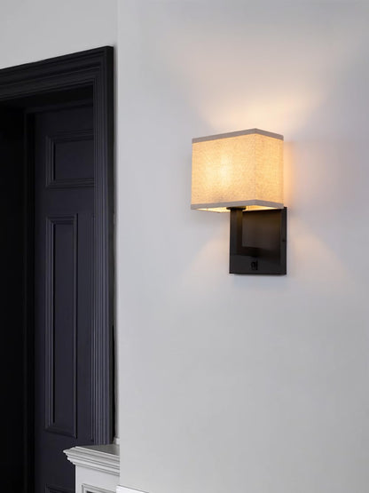 Linen Fabric Wall Sconce,Bedside Vanity Brass Modern Retro Vintage Industrial with Square Shade