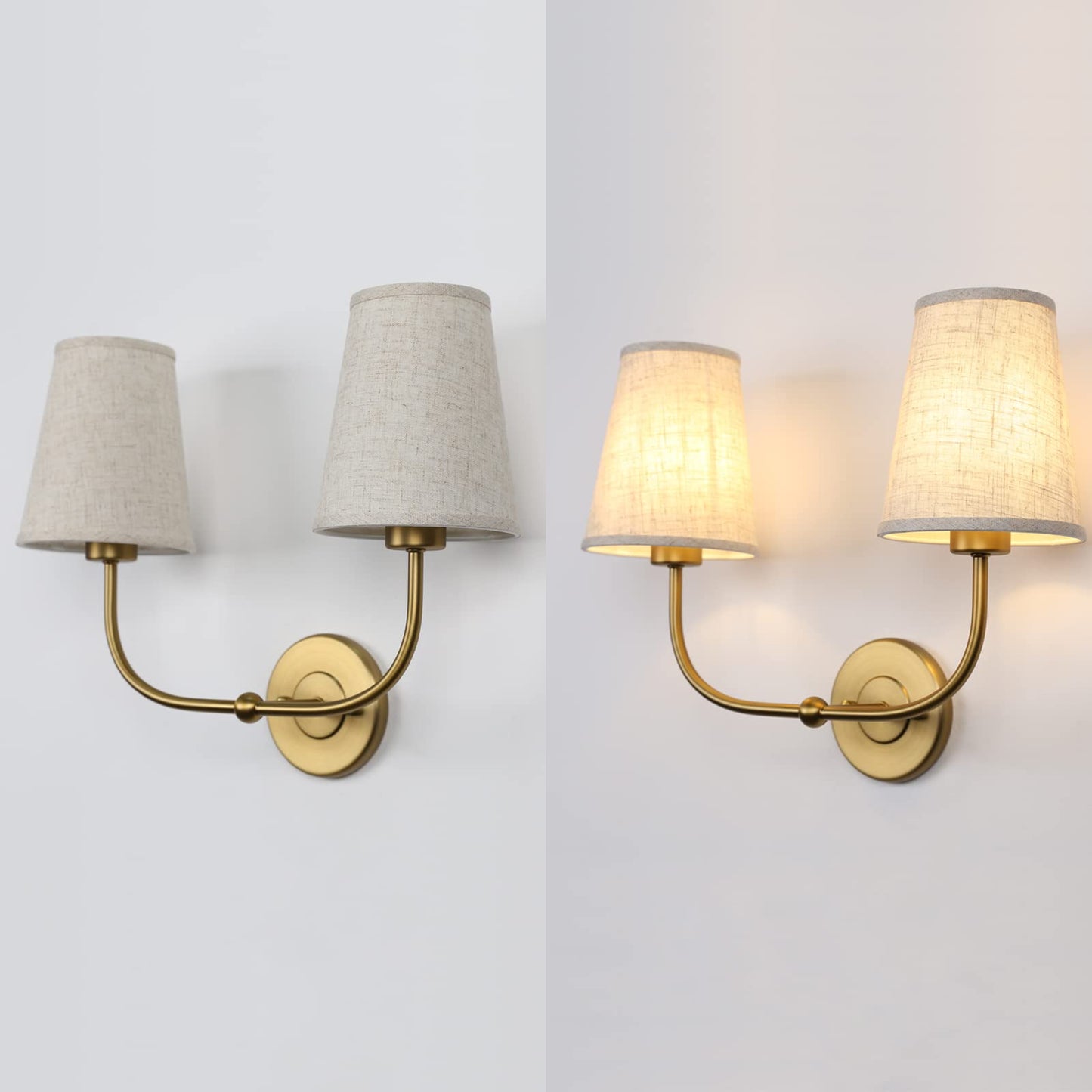 2-Lights Wall Sconces with Funnel Linen Fabric Shades, Double Light Wall Lamps