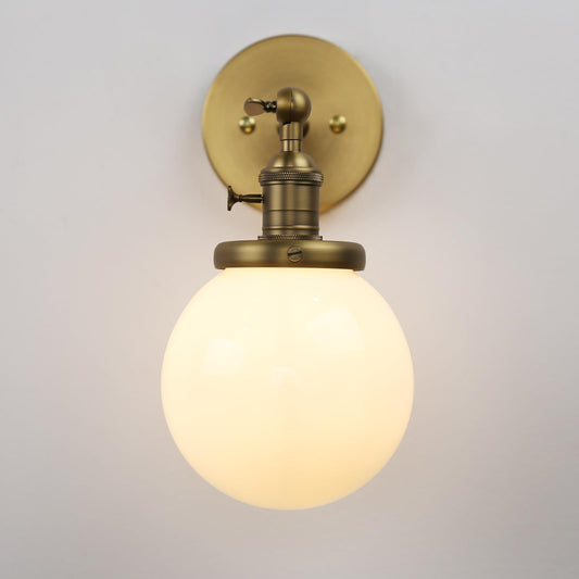 Vintage Wall Light Fixtures with White Globe, Brass Bathroom Vanity Light with On Off Switch