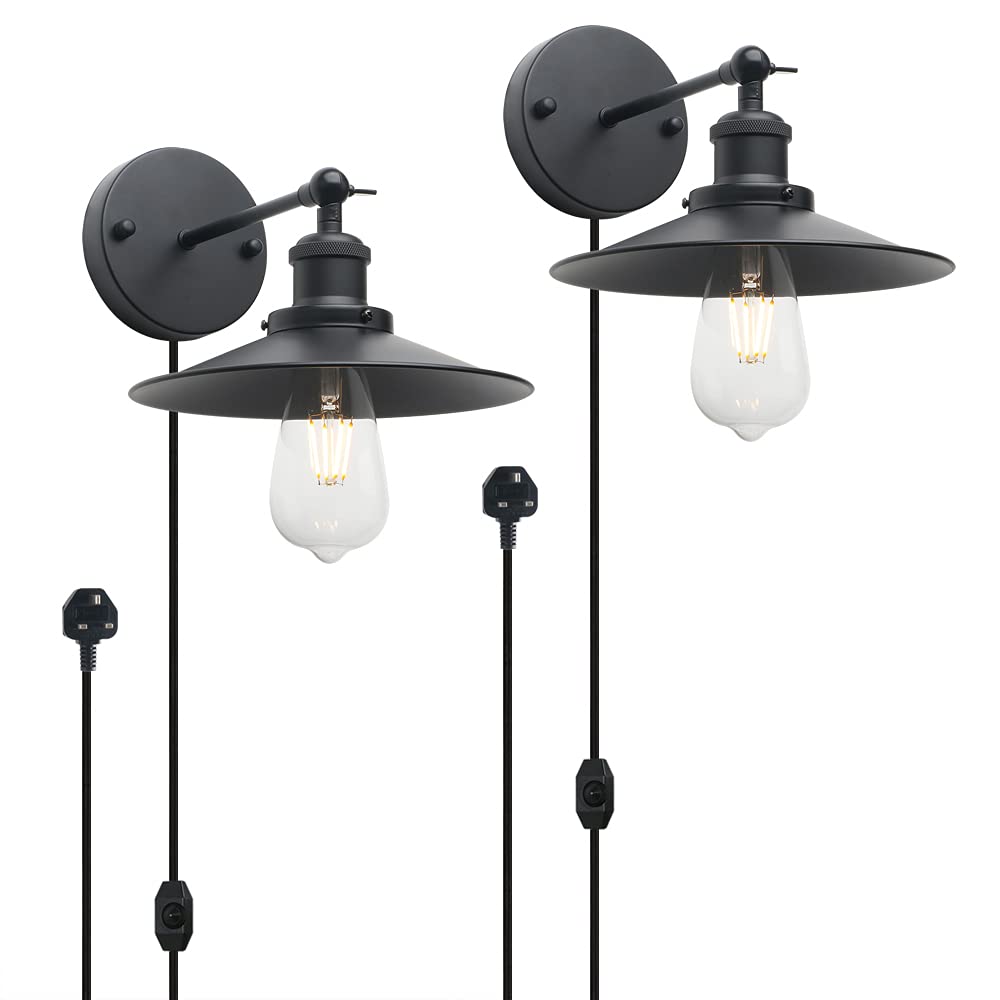 Vintage Industrial Black Plug-in Wall Sconces,Adjustable Bathroom Vanity Lights with Dimmable Switch,Swing Arm