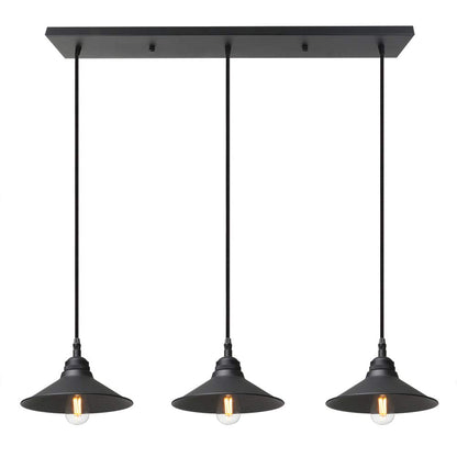 Retro 3 Lights Pendant Light Matte Black Ceiling Mount Lighting Fixture with 7.1 Inches Metal Light Shade