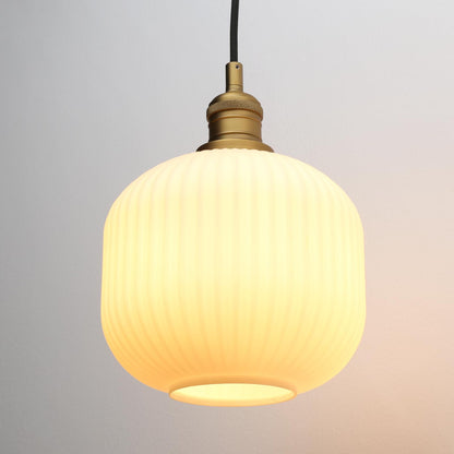 Modern Milk White Pendant Light Striped Round Glass, Brushed Gold Brass Hanging Lamp with Adjustable Textile Cord Decor